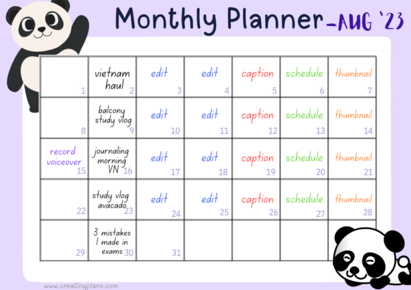 PANDA Monthly content planner